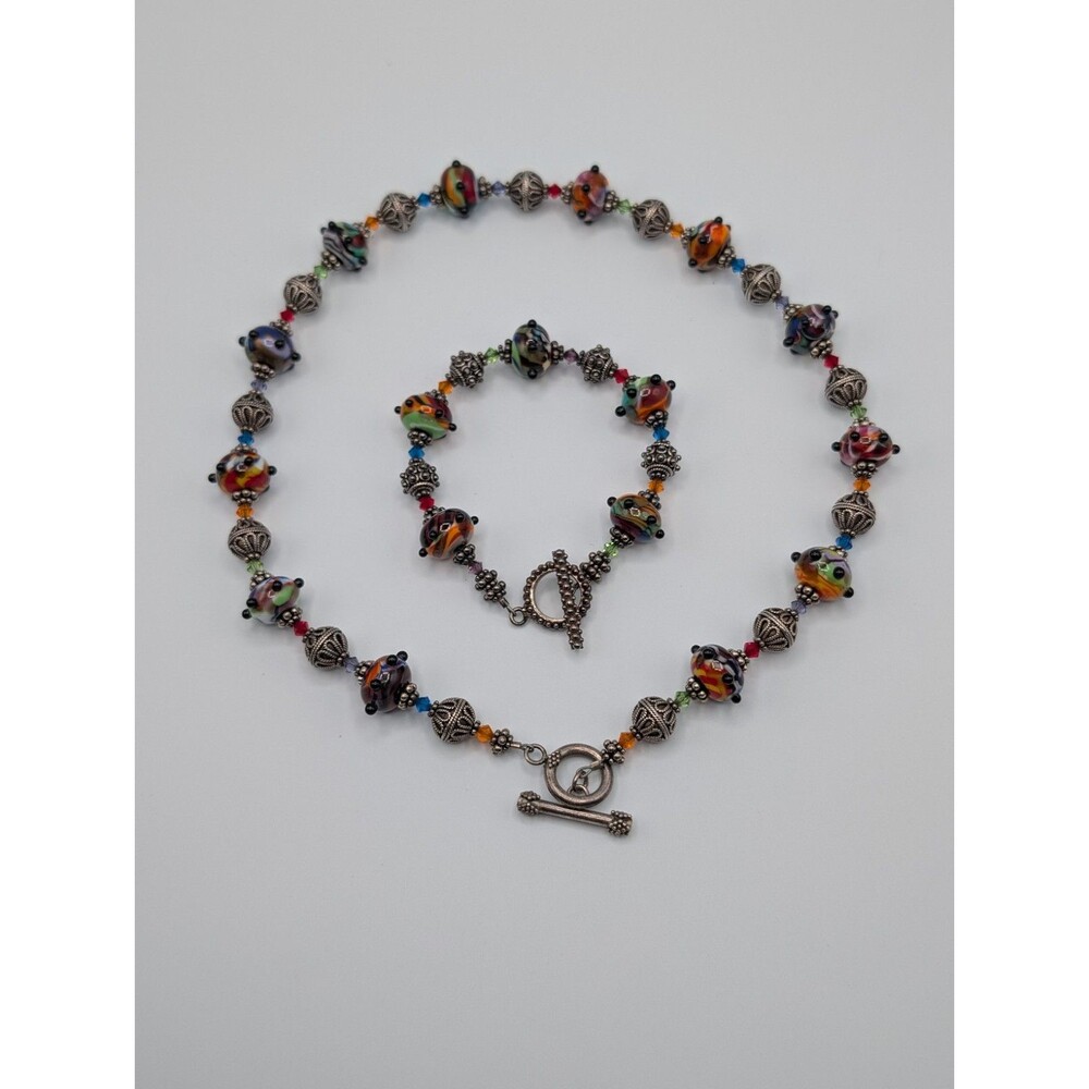 Rainbow Artisan Lampwork Glass Crystal Beads 925 Sterling Bracelet Necklace Set image 2